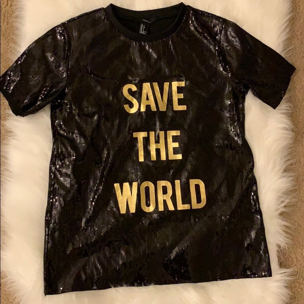 Black Sequin “Save The World” Tee